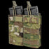 The Condor Double M4/M16 Open-Top Mag Pouch in Scorpion OCP holds two black rifle magazines, featuring pull tabs and front MOLLE webbing for easy attachment.